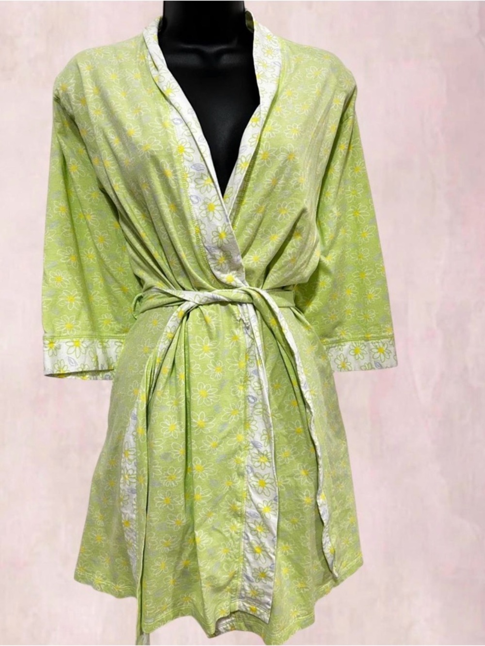 Aria Light Green Floral Cotton Robe with White Trim